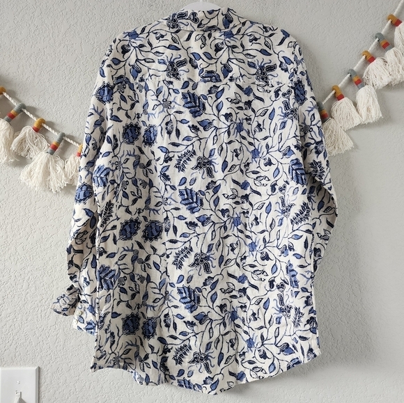 Rachel Zoe 100% Linen Button Up Paisley Floral Peasant Tunic Top Blue Lagenlook - Picture 2 of 12